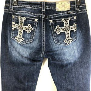 Womens Miss Me Mid Rise Stretch Embellished Bling Crosses Blue Jeans Size 34